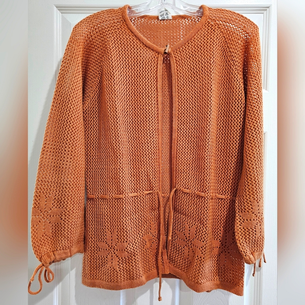 Vintage crochet net Tie-front open top, Cover up Made in Italy M light brown tan